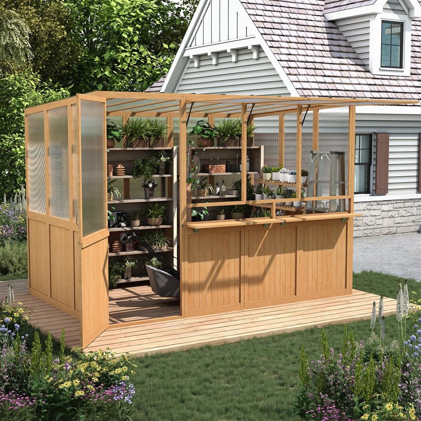 AECOJOY 6x10 wood greenhouse with openable front windows. Listing image.