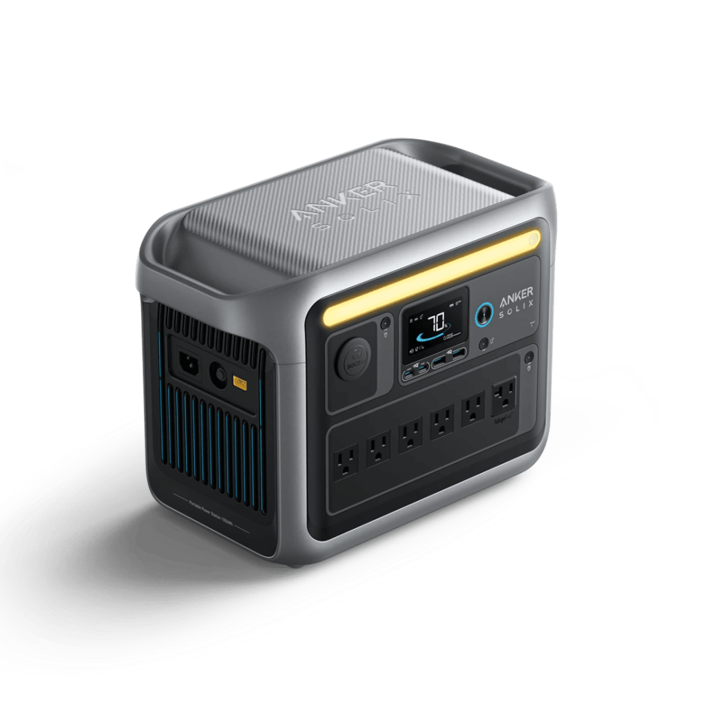 Original gray Anker SOLIX C1000 with six U.S. AC outlets and its illuminated front light strip