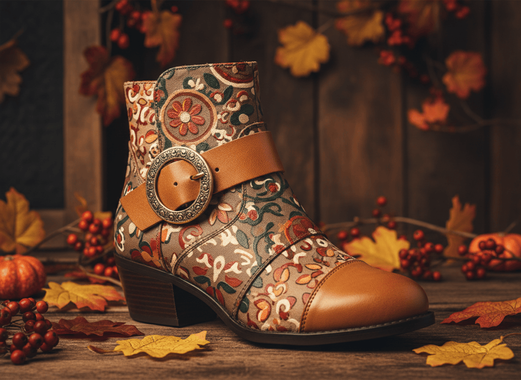 Taupe artistic ankle boot with floral panels and large circular buckle on a warm fall set.