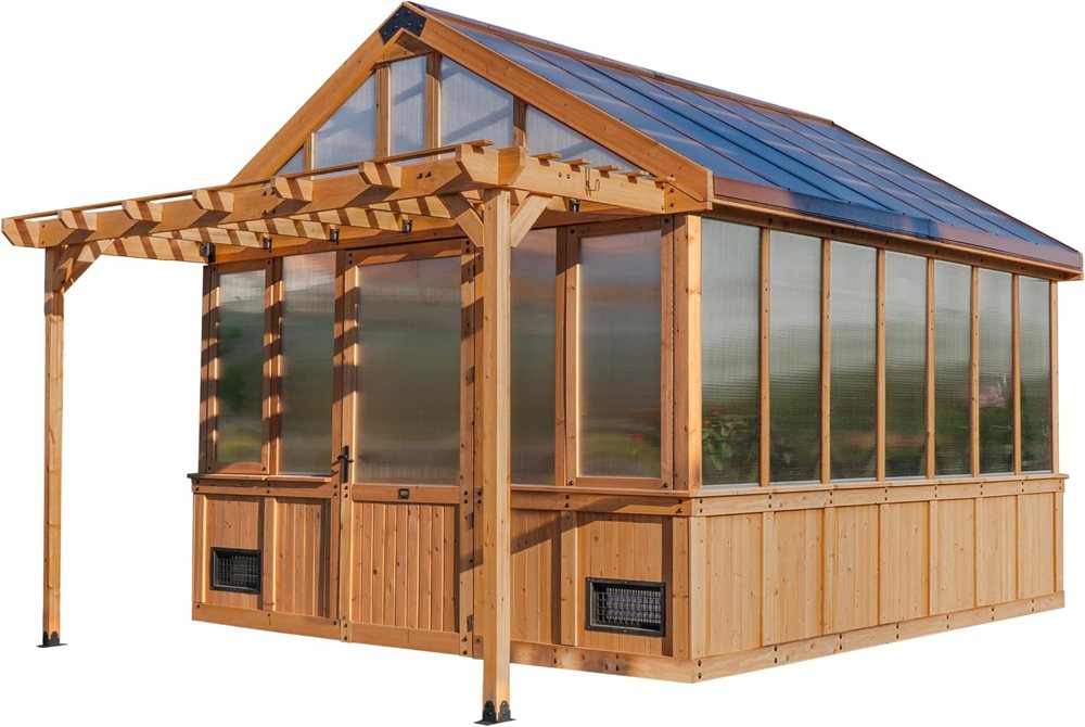 Backyard Discovery Bellerose XL 13x11 cedar greenhouse with attached pergola. Listing image.