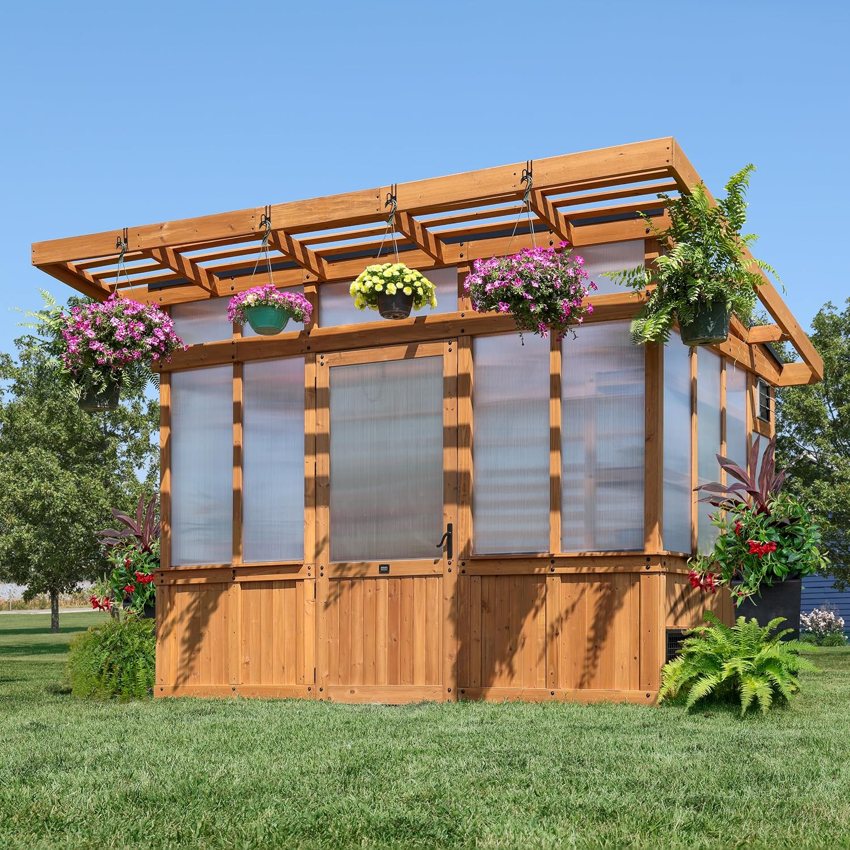 Backyard Discovery Poppy 11x7 cedar greenhouse with pergola overhangs. Listing image.