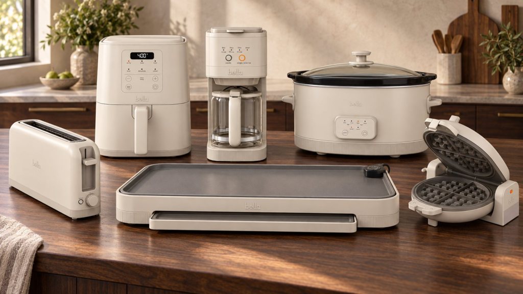 Styling visualization of six bella Oatmilk kitchen appliances grouped on a dark wood counter.