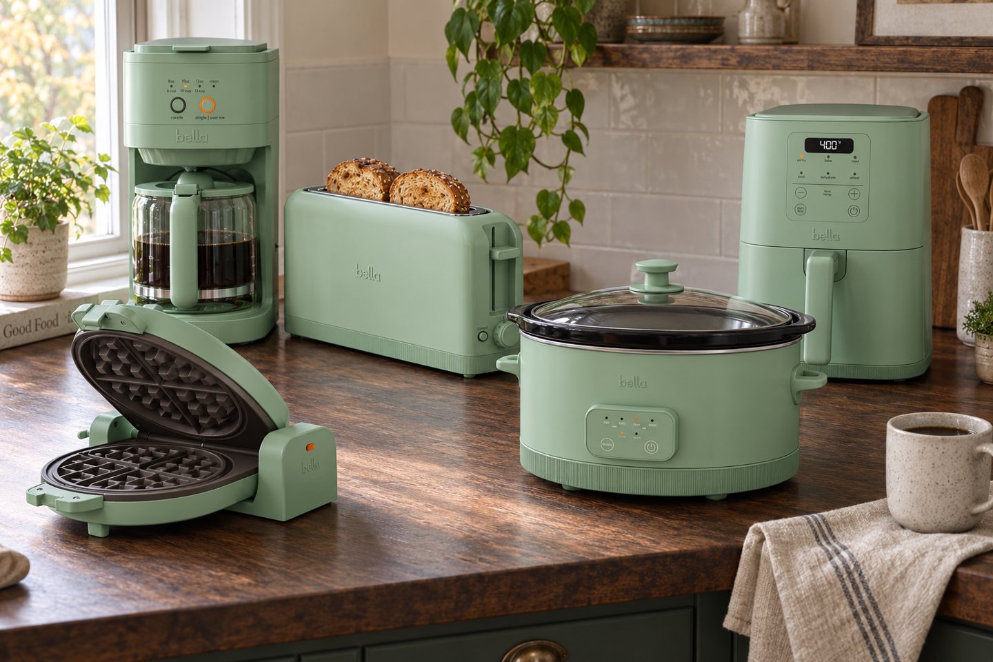 Styling visualization of five bella Seaglass green appliances beside a kitchen window, without the griddle.