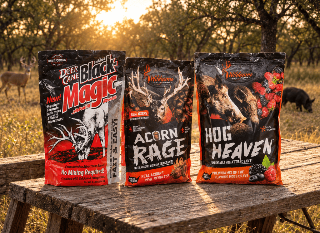 Deer Cane Black Magic, Wildgame Innovations Acorn Rage and Hog Heaven bags on a rustic table.