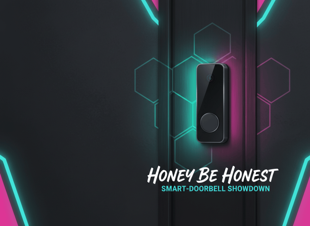 Conceptual HBH editorial artwork showing a generic smart video doorbell; not product photography.