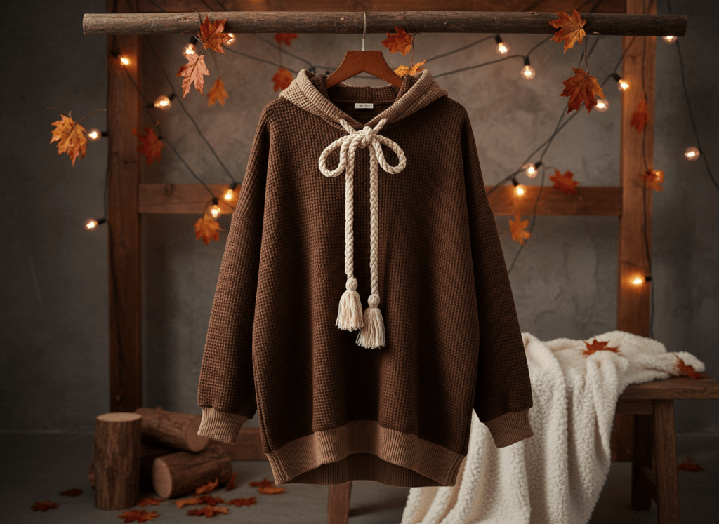 Chocolate brown oversized waffle-knit hoodie with tan hood trim and braided drawstrings on a warm fall set.