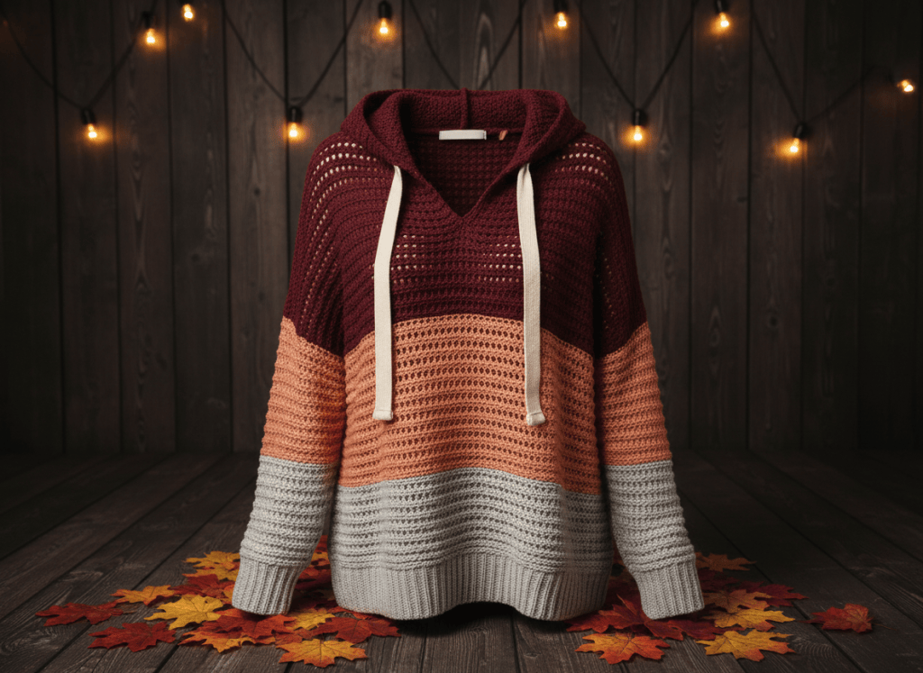Burgundy coral and light gray colorblock knit hoodie on a warm autumn product set.