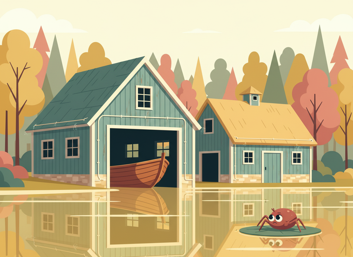 Cute HBH illustration of a lake boathouse and horse barn with a discreet pest-management system.
