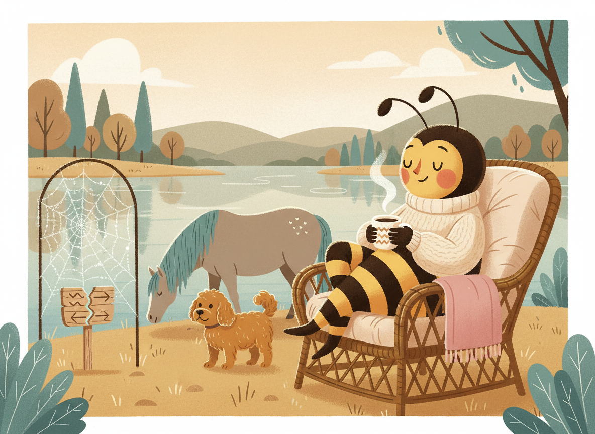 Cute HBH illustration of Honey by a lake with coffee and a spider web politely outside the seating area.