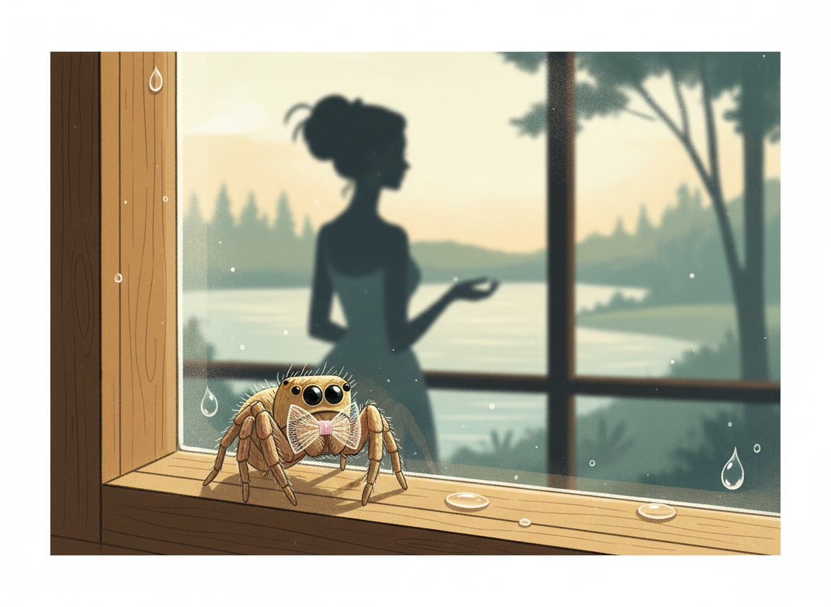 Cute HBH illustration of a tiny jumping spider on a sunny window.