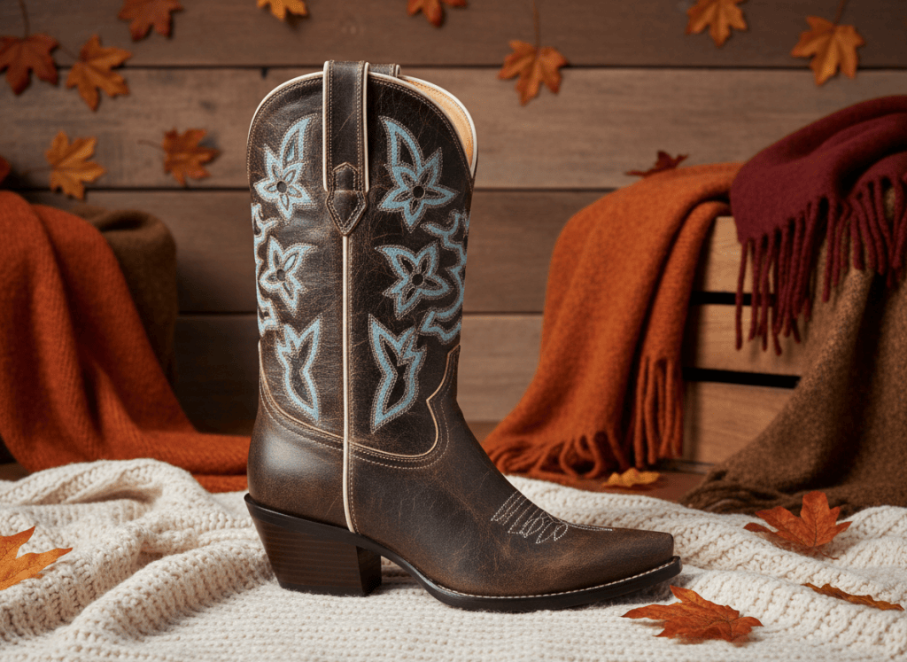 Distressed brown western boot with pale blue floral inlay details on an autumn set.