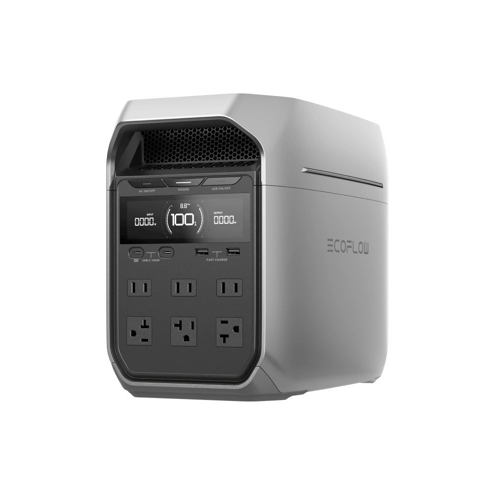 Gray EcoFlow DELTA 3 Plus with six U.S. AC outlets, front display and USB ports