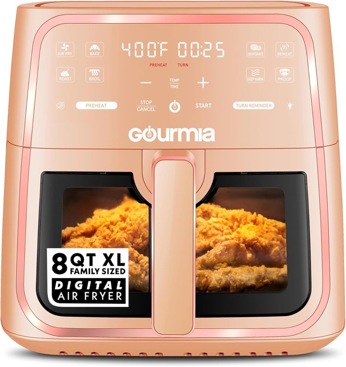 Gourmia GAF823P 8-quart air fryer in Peach with a viewing window, product listing photo.