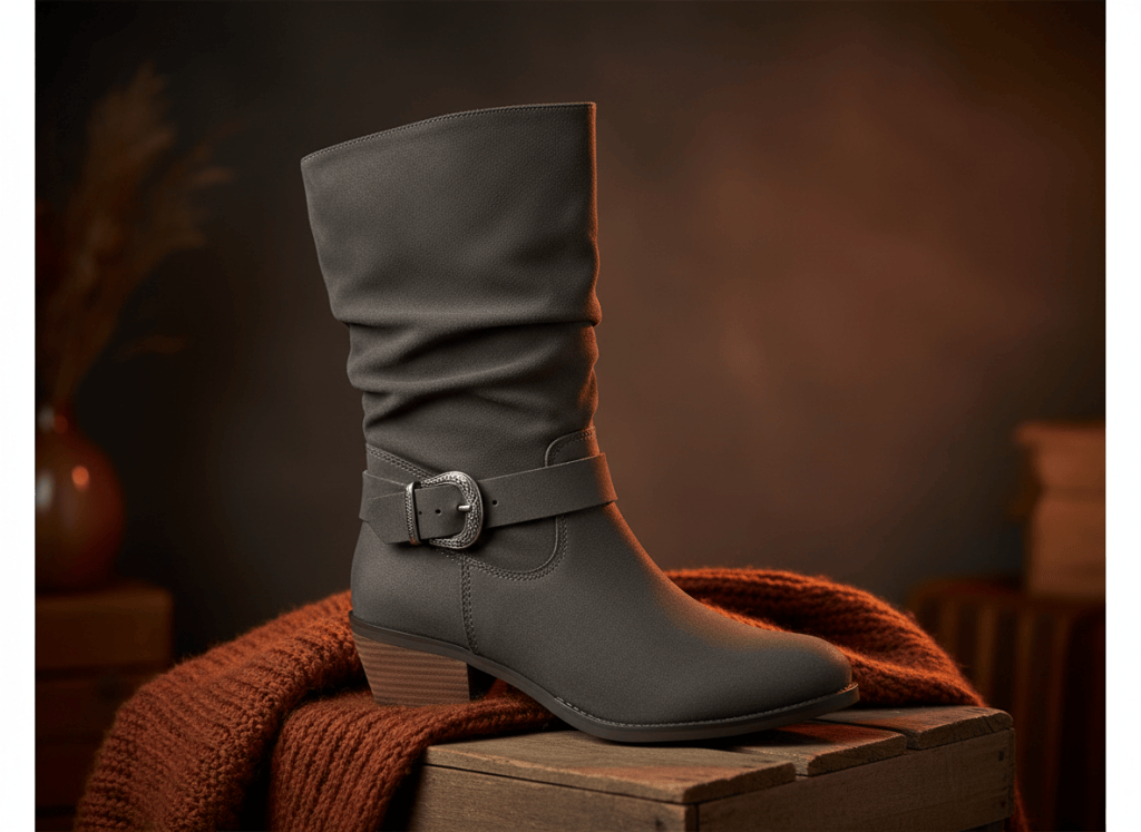 Gray slouchy mid-calf boot with ankle buckle on a cozy fall set.