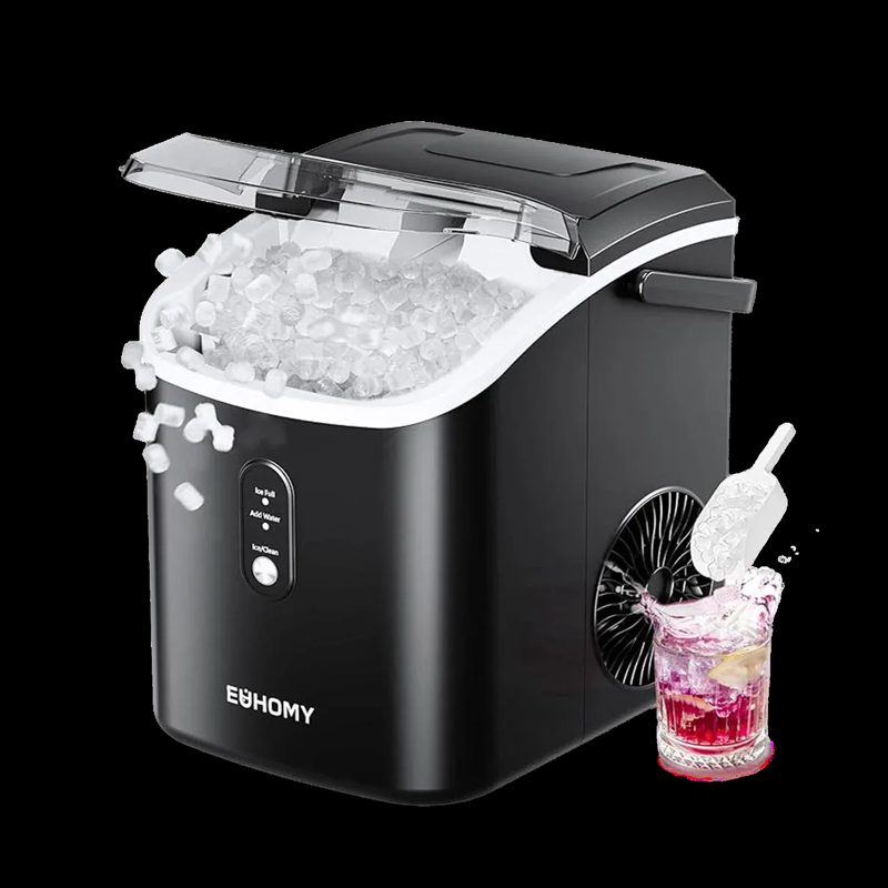 EUHOMY Pearl H1 countertop nugget ice maker with a clear lid, ice scoop and a glass of iced drink.