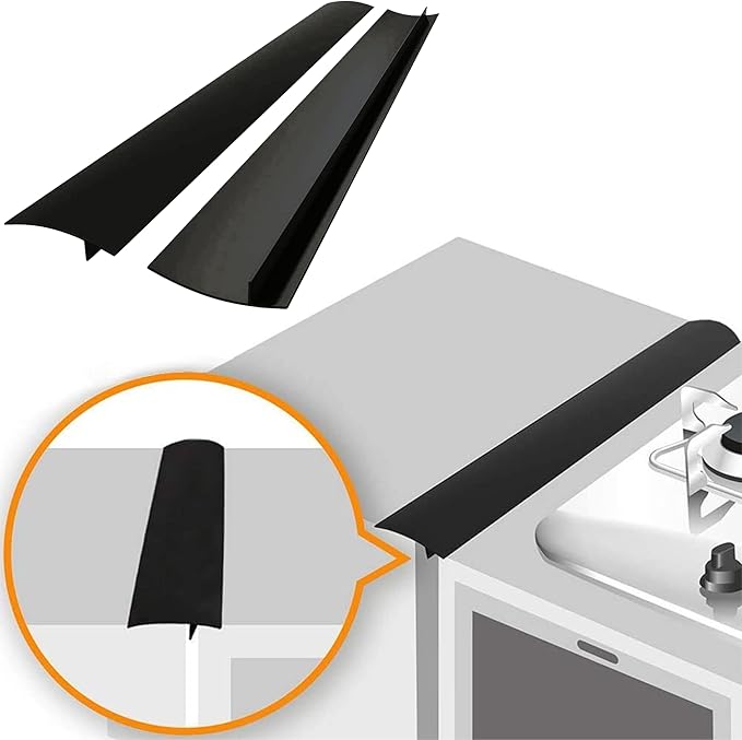 Black Linda’s Essentials silicone stove gap covers and a product illustration showing one between a stove and counter.
