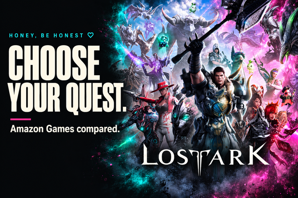 Amazon Games compared — Lost Ark official key art in a dark HBH editorial composition