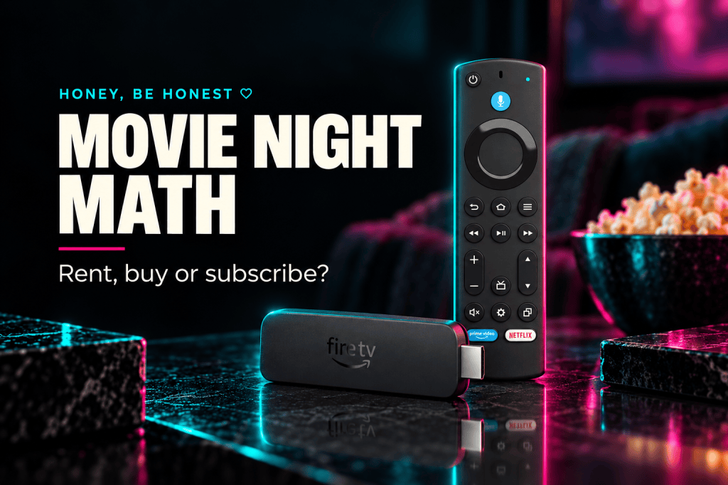 Rent, buy or subscribe? — Fire TV Stick 4K Max with remote and retail box in a dark HBH editorial composition
