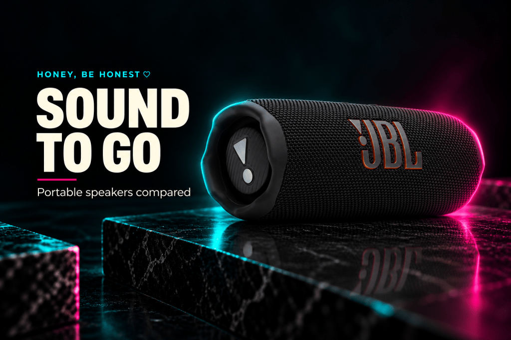 Portable speakers compared — JBL Flip 7 in Black, viewed from the side in a dark HBH editorial composition