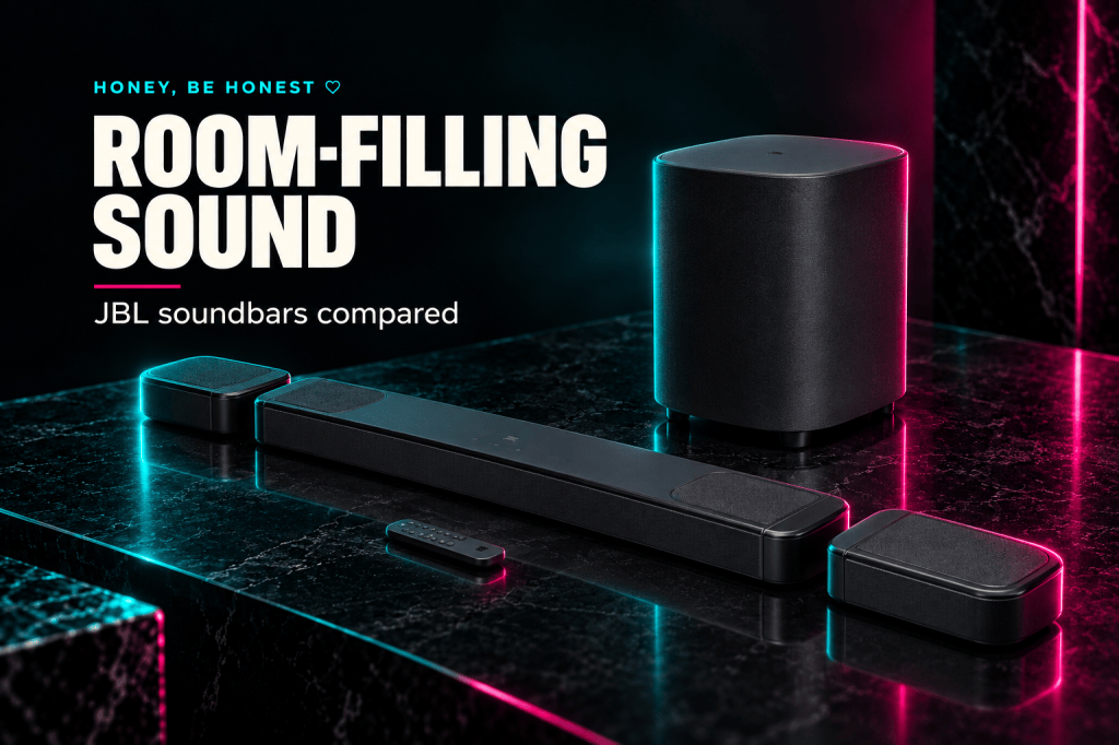 JBL soundbars compared — JBL Bar 1000MK2 in Black, with detachable rear speakers, subwoofer and remote in a dark HBH editorial composition