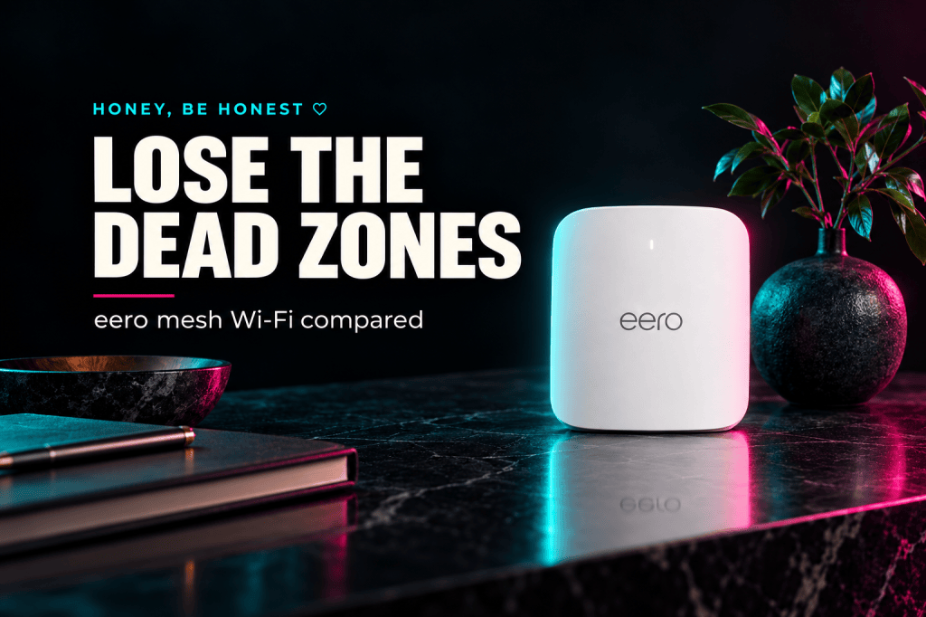 eero mesh Wi-Fi compared — White eero Pro 7 router beside a television on a wood media console in a dark HBH editorial composition