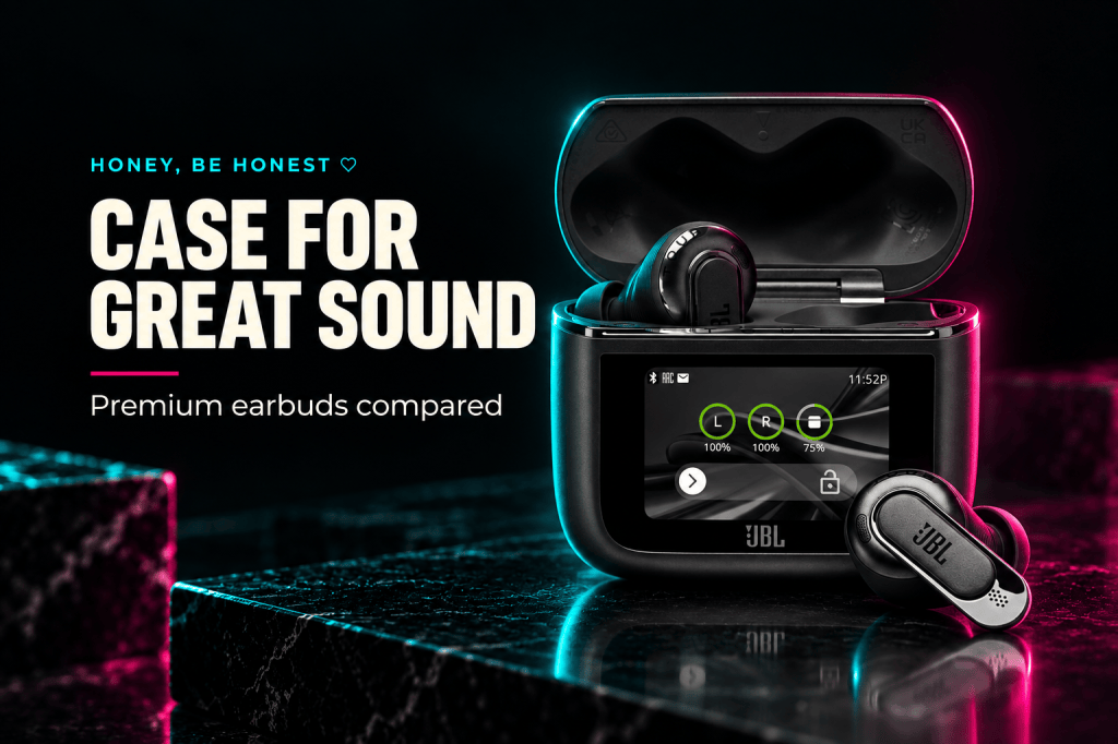 Premium earbuds compared — Black JBL Tour Pro 3 earbuds with an open touchscreen charging case in a dark HBH editorial composition