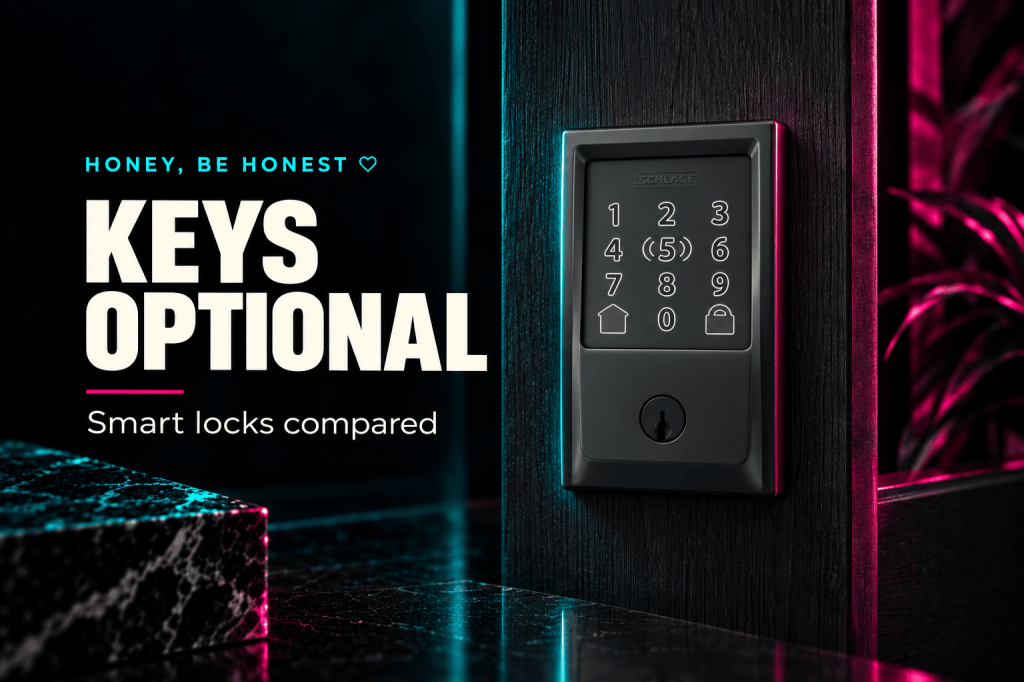 Smart locks compared — Schlage Encode Plus touchscreen deadbolt with Century trim in Matte Black in a dark HBH editorial composition