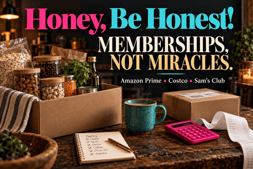 Pantry groceries, shipping parcel and pink calculator beneath pink and turquoise Honey, Be Honest! lettering.
