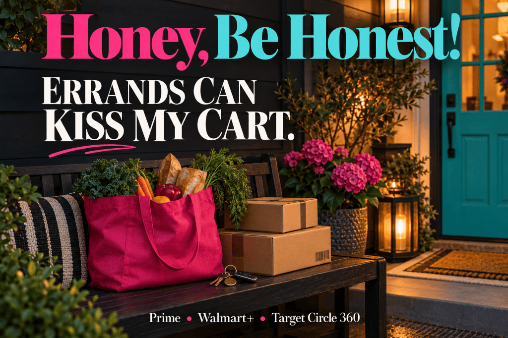 Groceries and parcels on a porch with a turquoise door, with Honey, Be Honest! and Errands Can Kiss My Cart lettering.