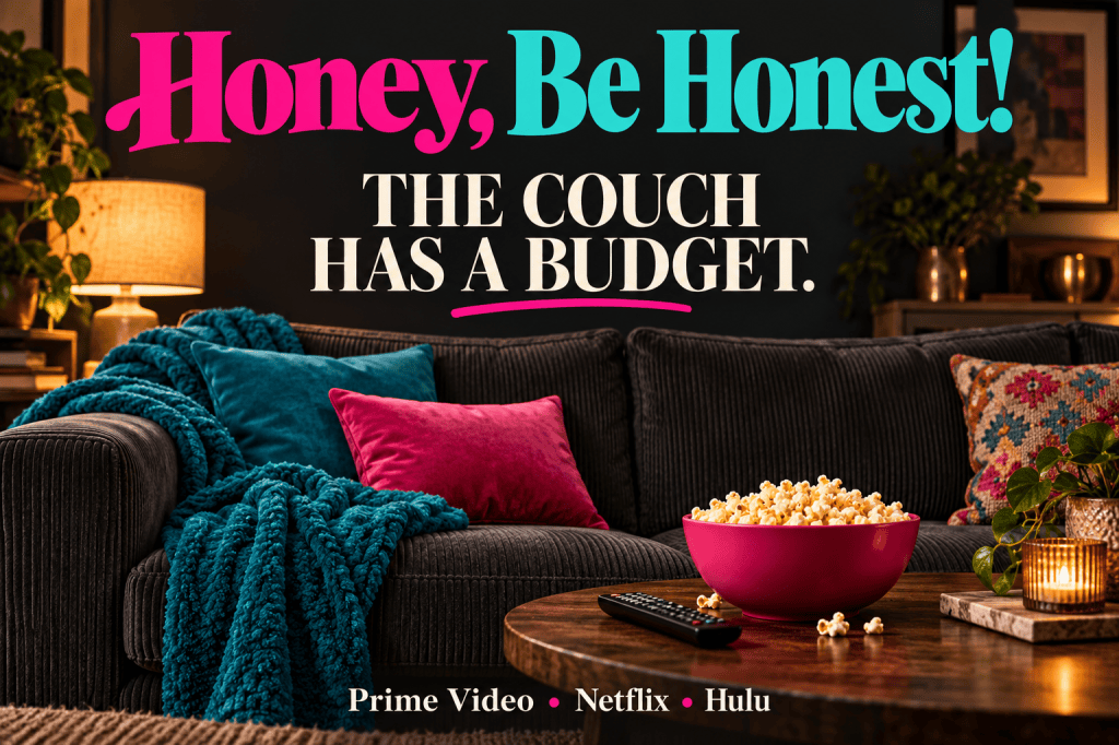 Charcoal sofa, turquoise throw and pink popcorn bowl with Honey, Be Honest! and The Couch Has a Budget lettering.