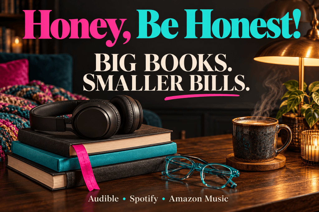 Headphones on books beside coffee, with pink and turquoise Honey, Be Honest! branding and Big Books. Smaller Bills.