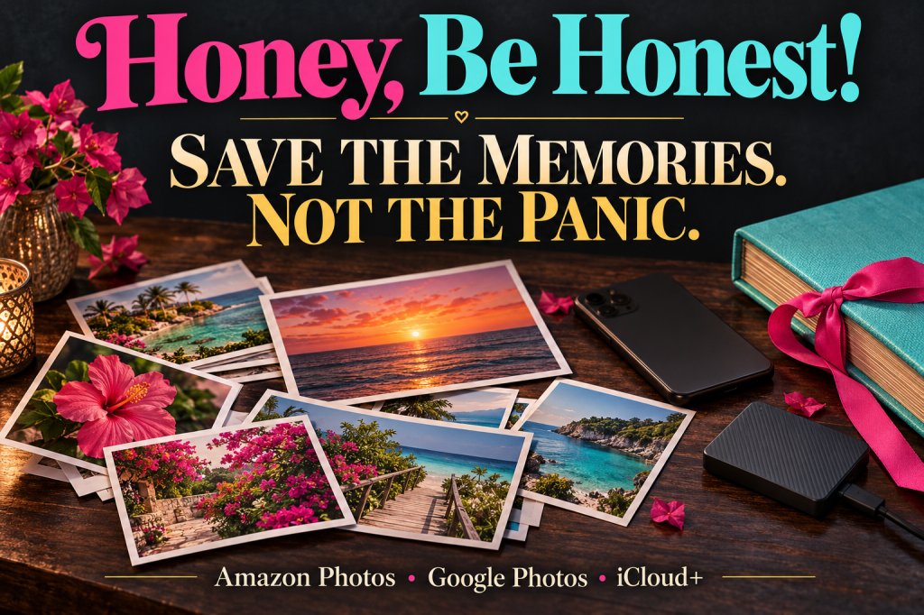 Printed travel photos, album and portable drive with Honey, Be Honest! and Save the Memories. Not the Panic lettering.
