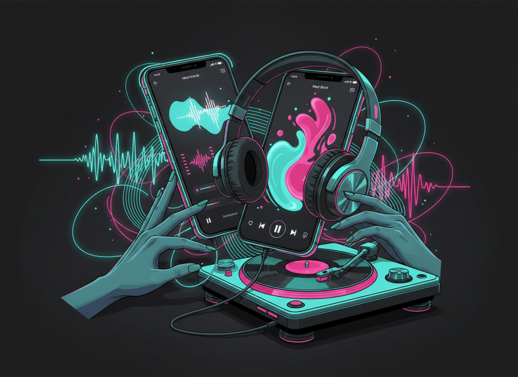 HBH-style editorial illustration comparing four music streaming services on phones and headphones.