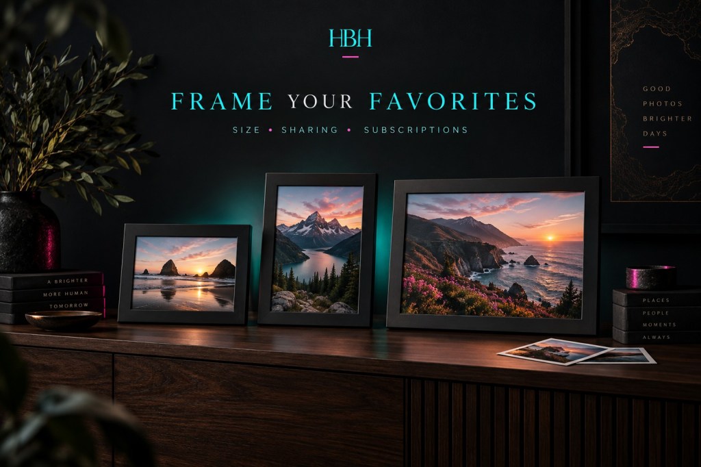 Dark HBH editorial illustration of three generic photo frames with turquoise and pink accents