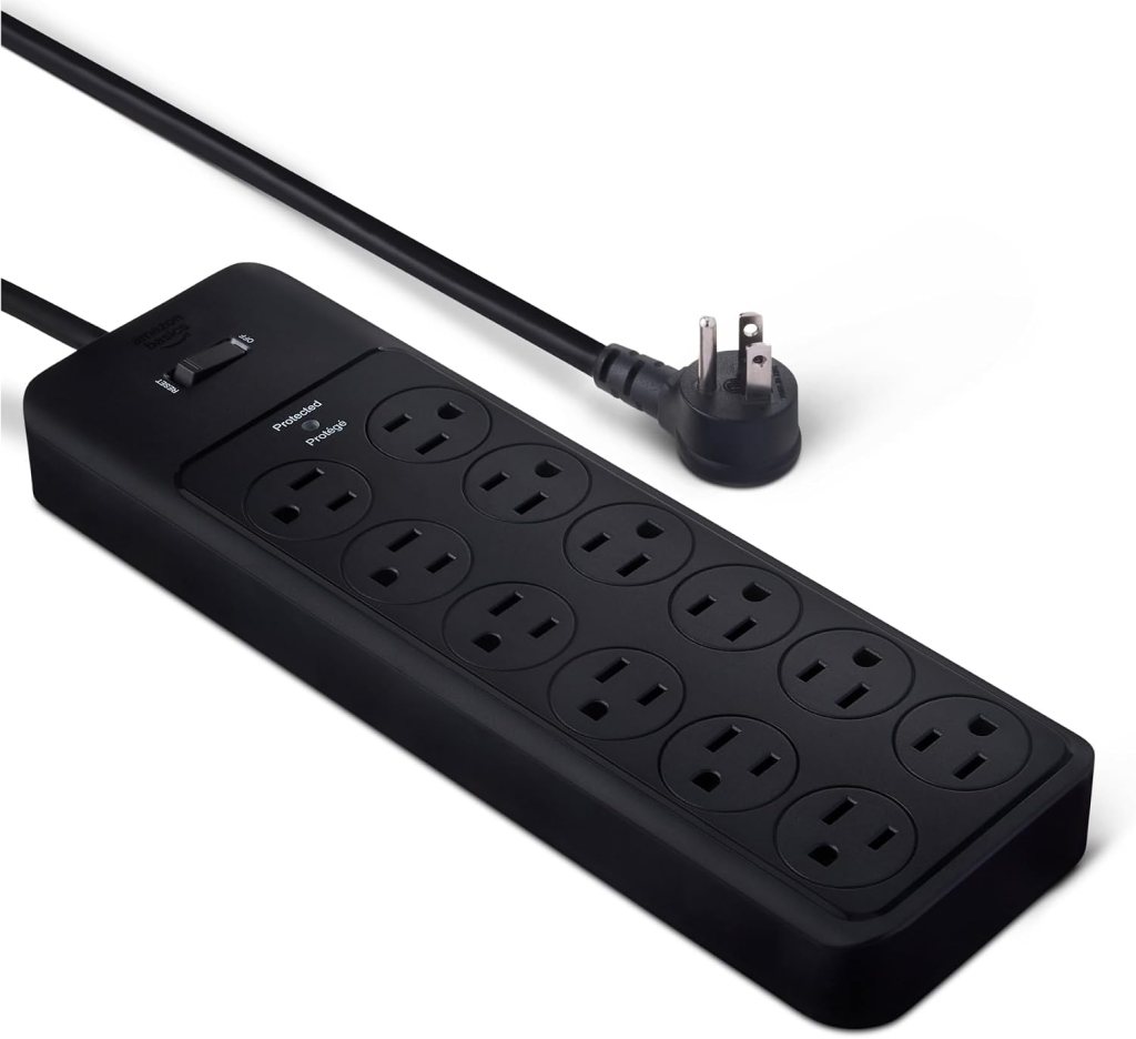 Amazon Basics 12-Outlet Surge Protector Power Strip, 4000 Joules, 8ft Extension Cord, Rectangle, for Home, Office, Gaming Room, Black