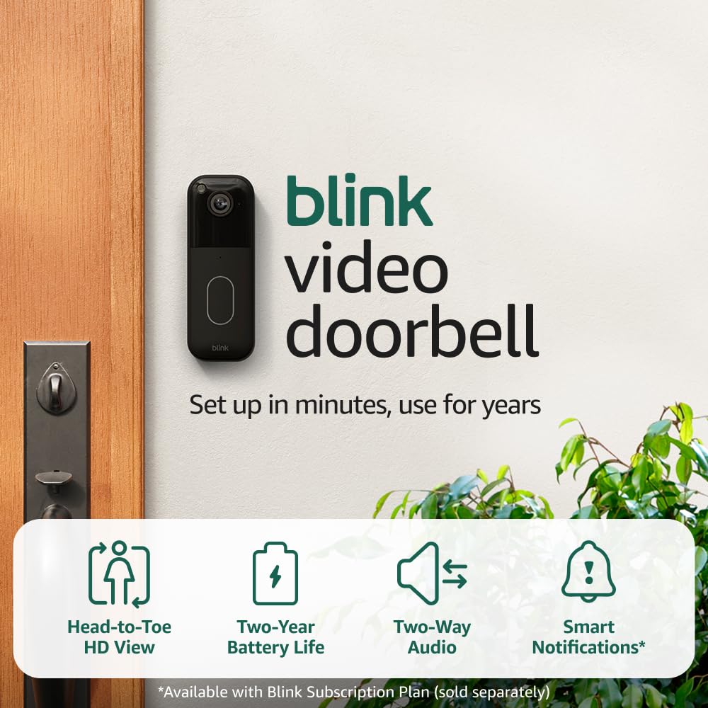Black Blink Video Doorbell (2nd Gen) mounted beside a door in a manufacturer promotional image.