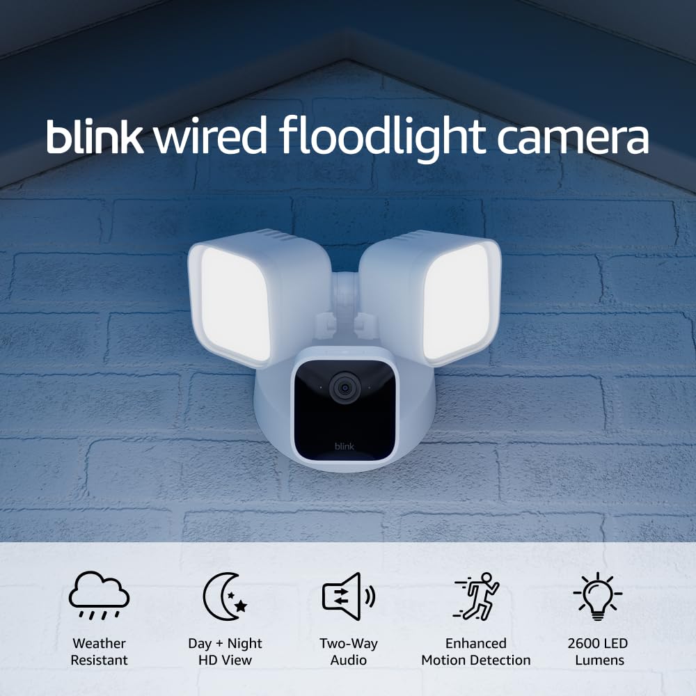 White Blink Wired Floodlight Camera with two rectangular light panels and a central camera.