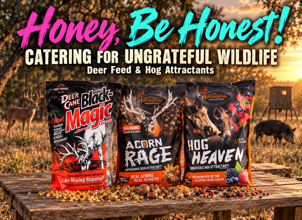 Honey, Be Honest! in pink and turquoise above Deer Cane Black Magic, Acorn Rage and Hog Heaven packages.