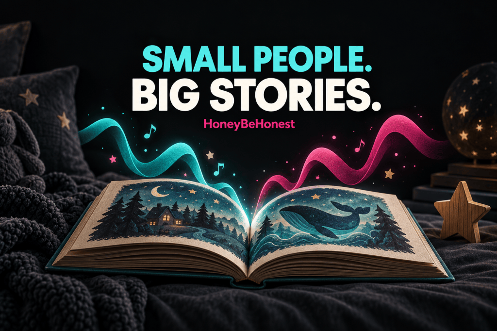Open storybook with turquoise and pink sound waves on a dark background; Small People, Big Stories, HoneyBeHonest.