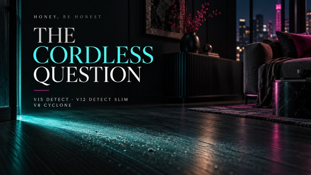 Dark living room with turquoise floor light and pink accents, headed The Cordless Question: V15 Detect, V12 Detect Slim, V8 Cyclone