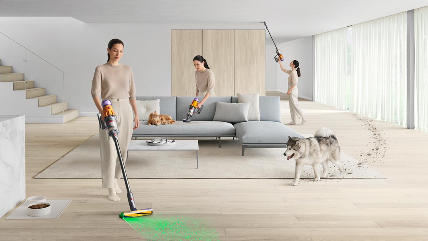 Dyson V12 Detect Slim shown cleaning a floor, a sofa and a high corner in manufacturer photographs