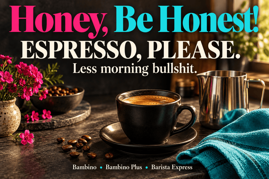 Espresso cup, milk pitcher and turquoise towel under pink and turquoise Honey, Be Honest! lettering and Espresso, Please headline.