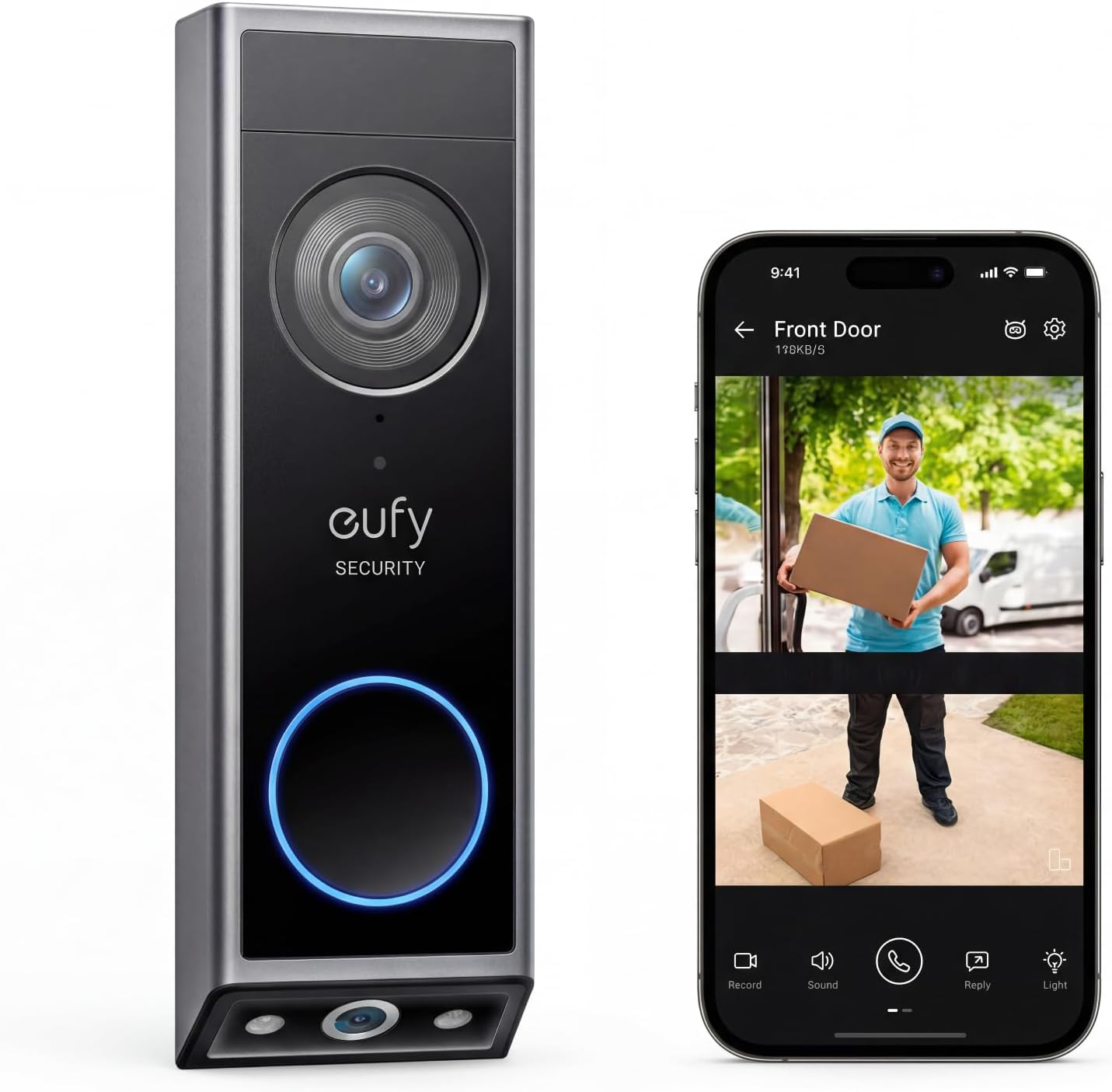 eufy Video Doorbell E340 with its front and downward-facing cameras, beside a phone showing the dual view.