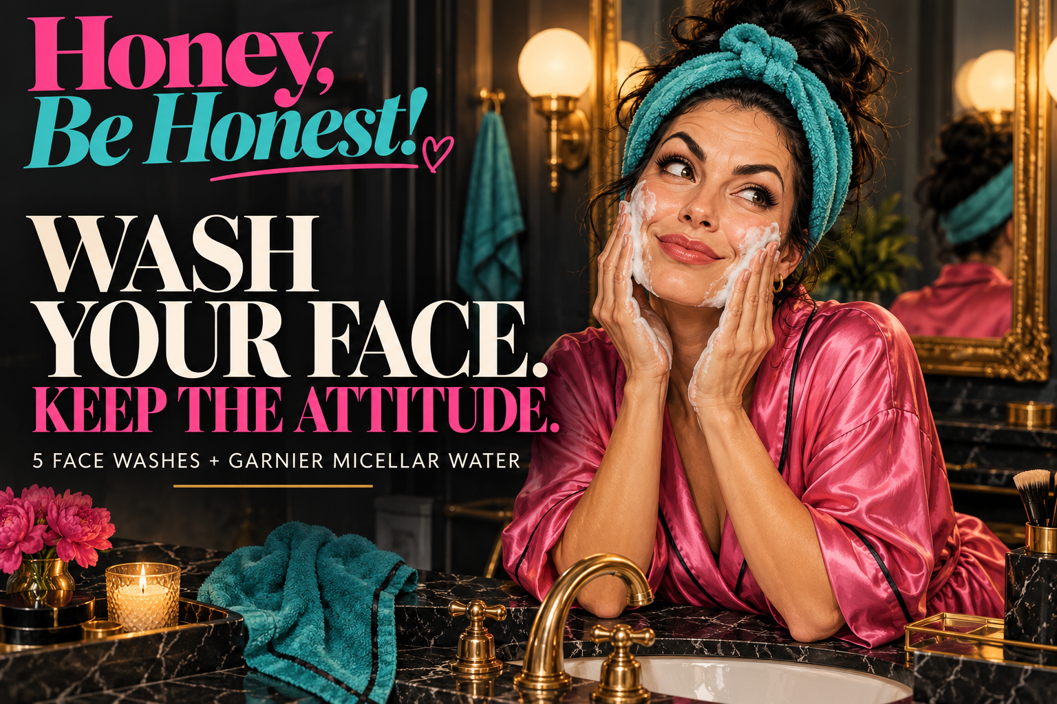 HBH illustration of a woman washing her face at a dark marble vanity, with pink and turquoise Honey, Be Honest! lettering.