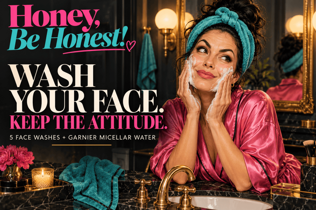 HBH illustration of a woman washing her face at a dark marble vanity, with pink and turquoise Honey, Be Honest! lettering.