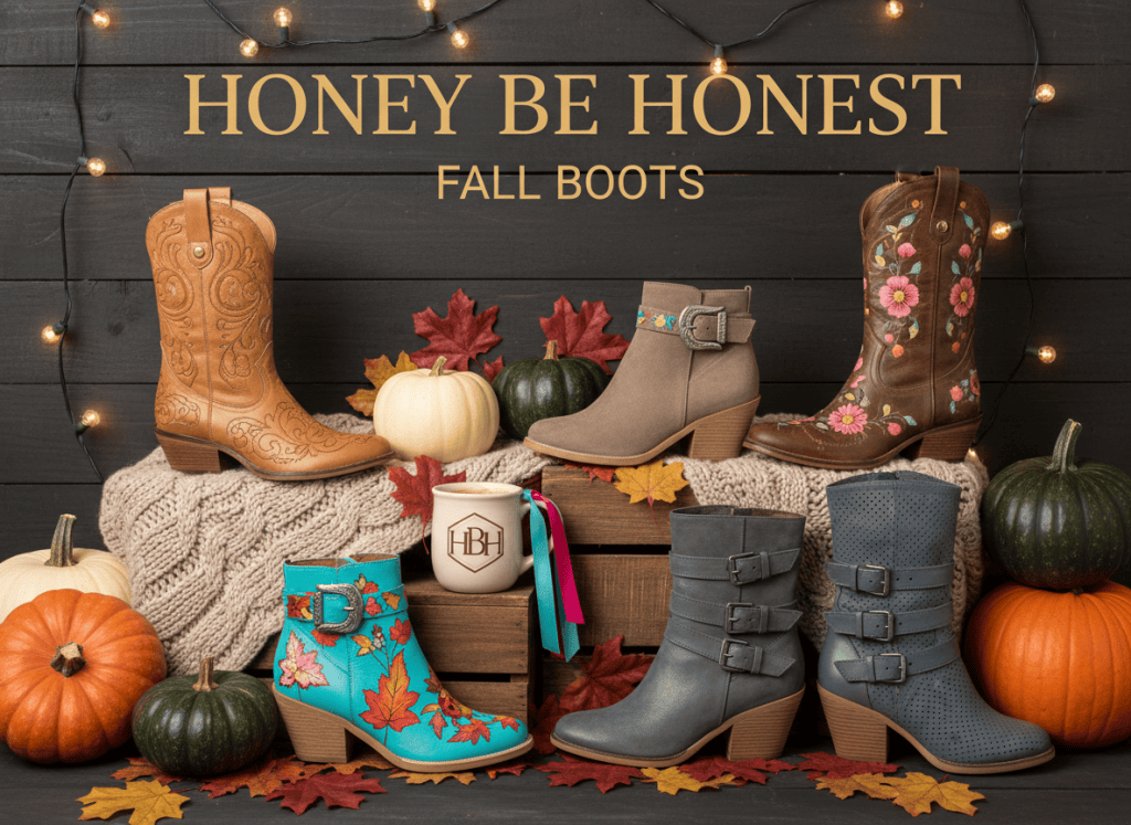 Honey Be Honest fall boots cover with six women's fall boot styles on a warm rustic autumn set.
