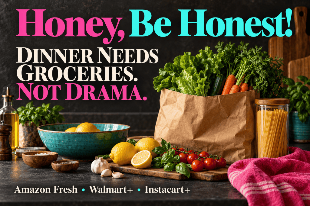 Grocery bag, vegetables and turquoise bowl with Honey, Be Honest! and Dinner Needs Groceries. Not Drama lettering.