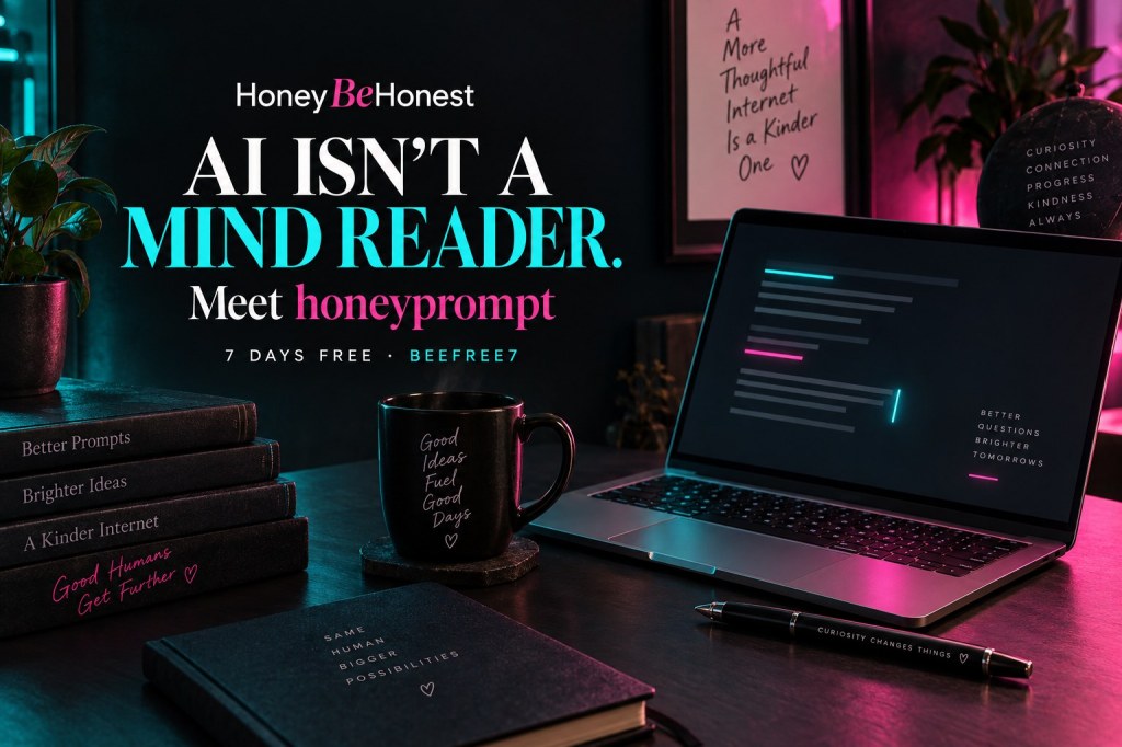 HoneyBeHonest HoneyPrompt artwork with a laptop on a dark turquoise-and-pink desk and the offer code BEEFREE7.