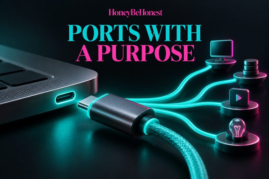 HoneyBeHonest conceptual illustration for hubs, in charcoal, turquoise and hot pink
