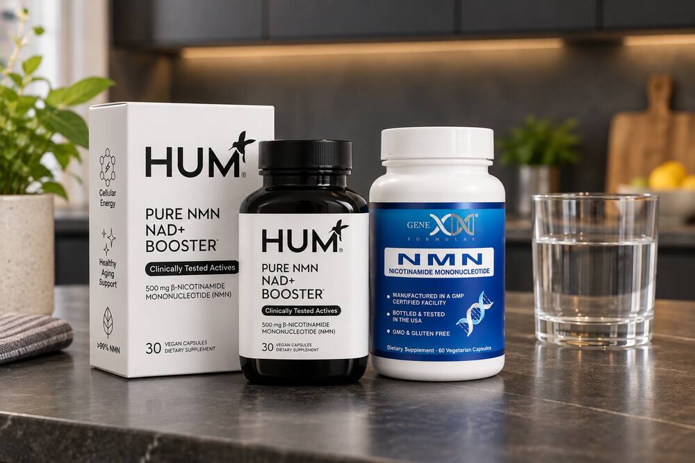HUM NMN NAD+ Booster and Genex Formulas NMN bottles on a dark kitchen counter beside a glass of water.
